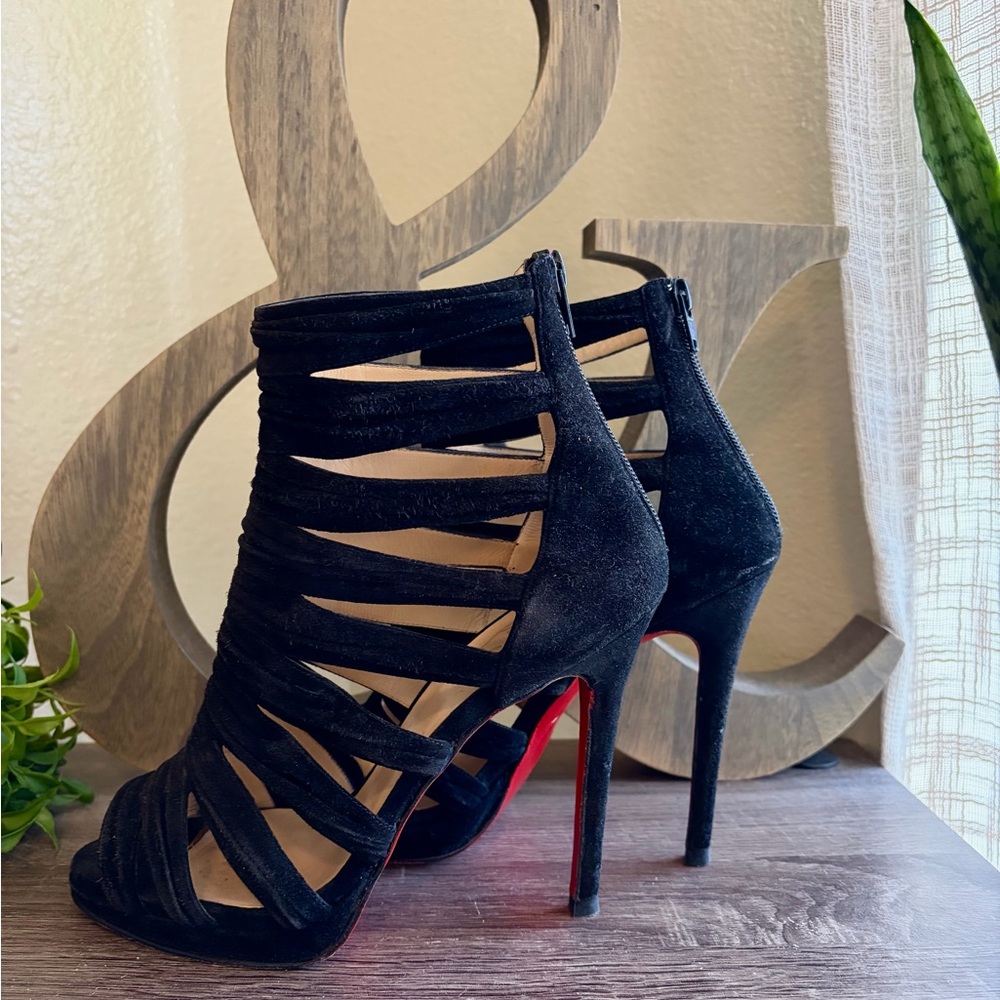 🇺🇸💲👠 Christian Louboutin Caged Heels Booties Black Suede Tinazata Red 38.5 EU7.5 - Picture 10 of 10